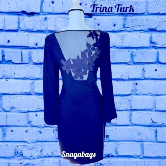 TRINA TURK NWT ENGAGING BELL SLEEVE MESH EMBROIDERY BACK SHEATH DRESS PURPLE 4 - Picture 5 of 12